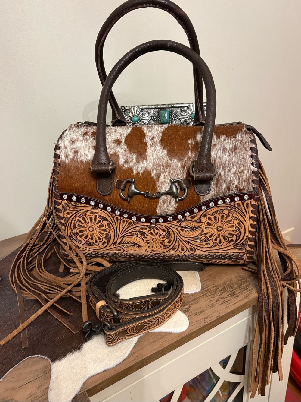 Cowhide & Tooled Leather Fringe Medium Speedy/Satchel - Brown